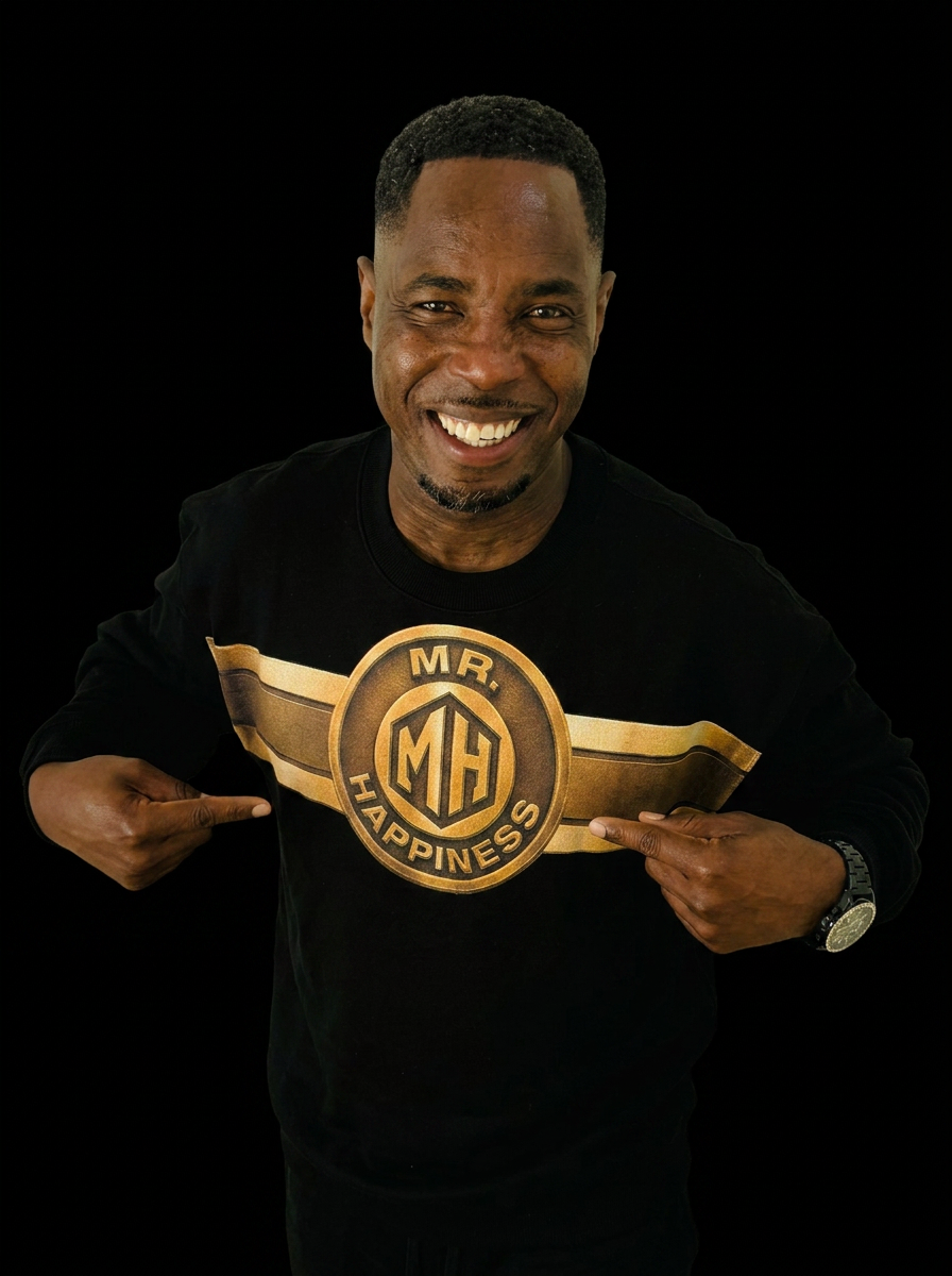 Kofi Gharbin smiling in black MR. HAPPINESS sweatshirt