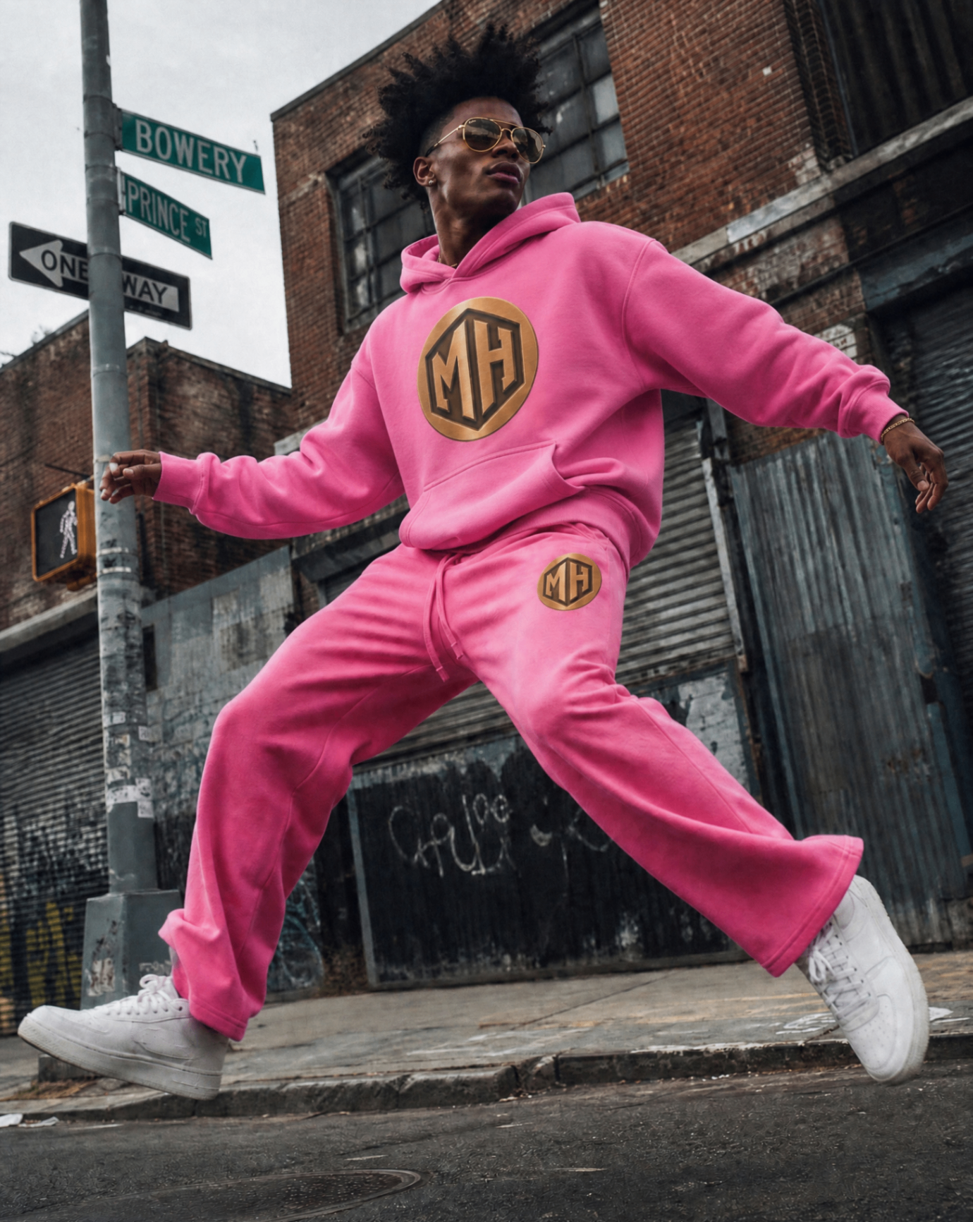 Model wearing the full MR. HAPPINESS Happiness Set — pink hoodie and joggers
