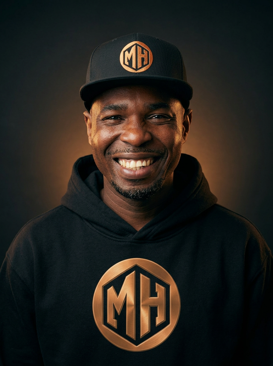 Model wearing the MR. HAPPINESS bronze emblem hoodie