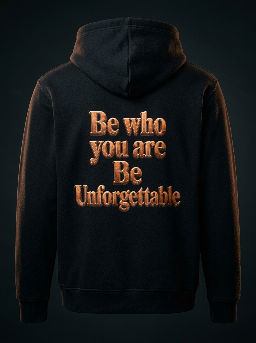 Back graphic of MR. HAPPINESS "Be Unforgettable" Hoodie — bronze "Be who you are · Be Unforgettable" artwork