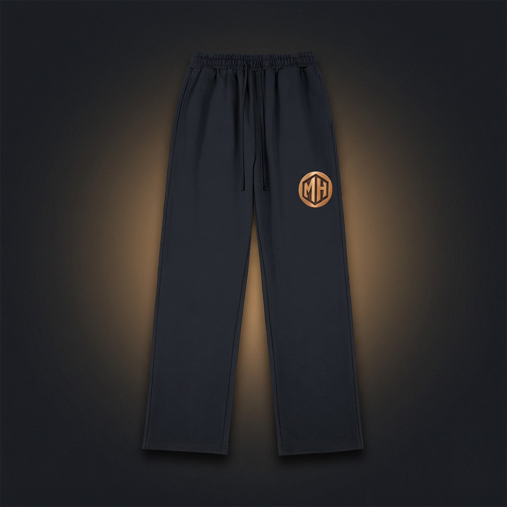 Close-up detail of the MR. HAPPINESS Joggers thigh artwork