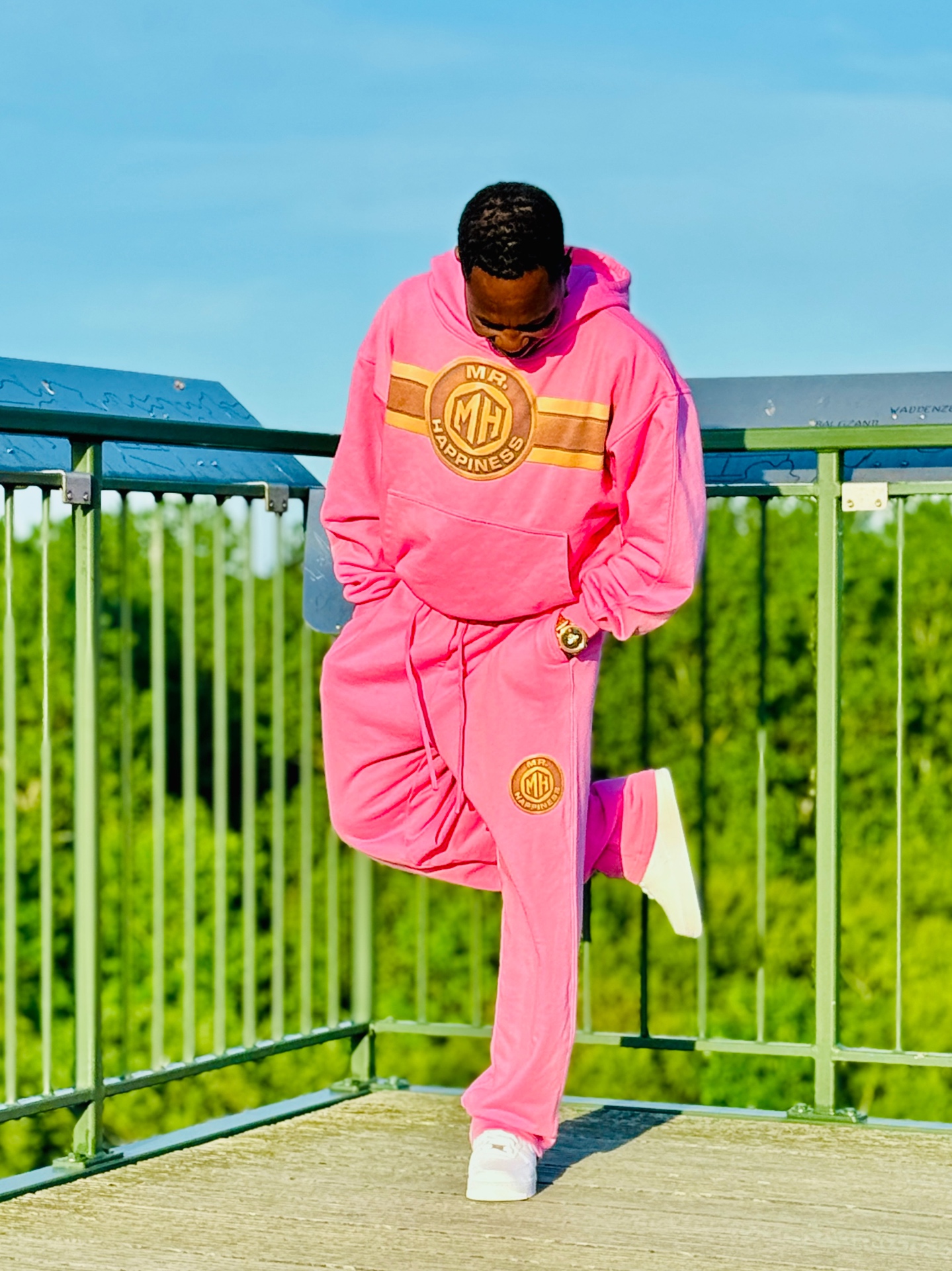 Front view of the MR. HAPPINESS pink Happiness Set — hoodie and joggers
