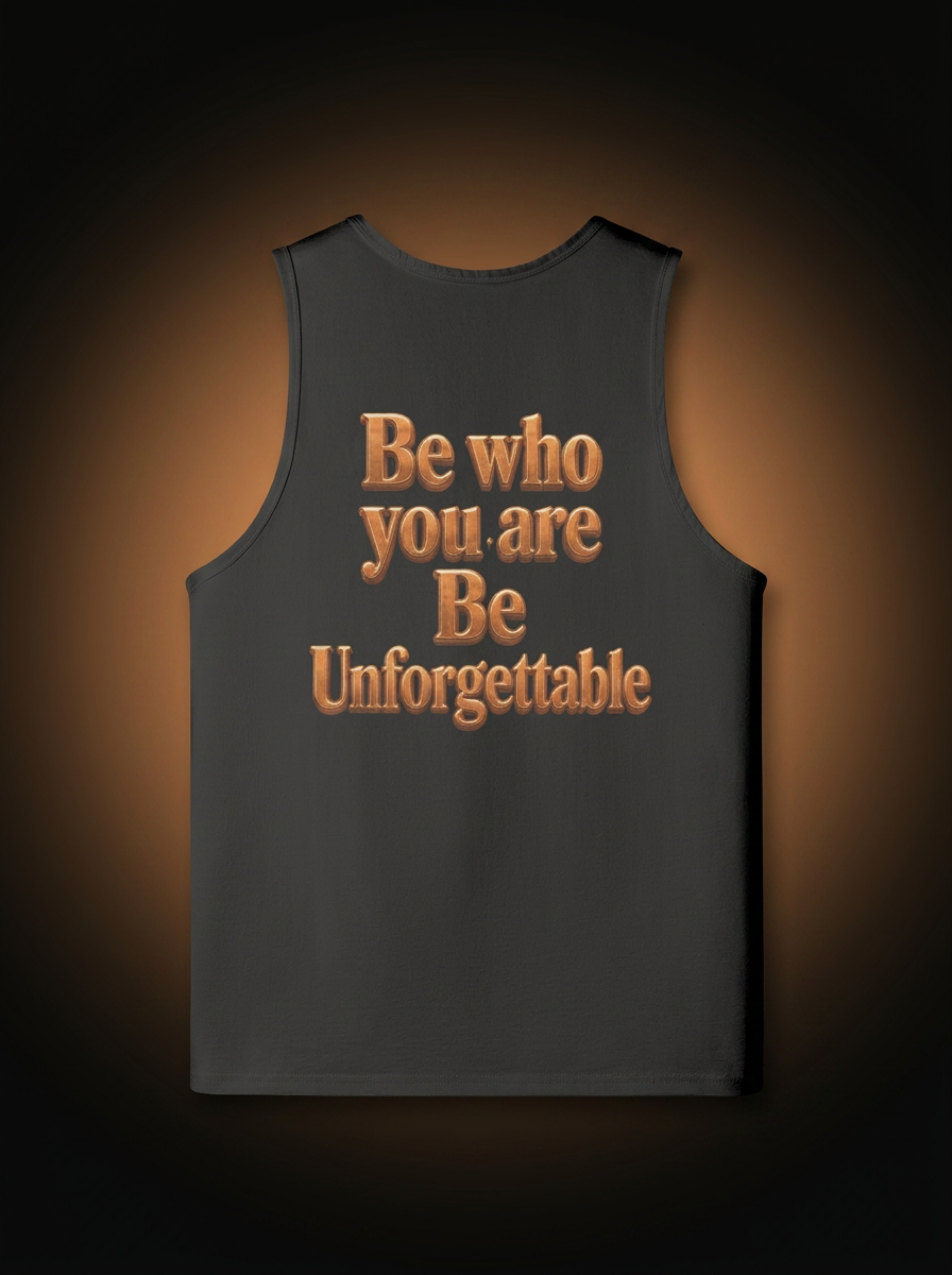 Back of MR. HAPPINESS Oversized Summer Muscle Tank with bronze "Be who you are · Be Unforgettable" artwork