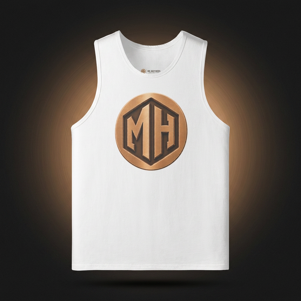 Front of MR. HAPPINESS Oversized Summer Muscle Tank with bronze MH monogram