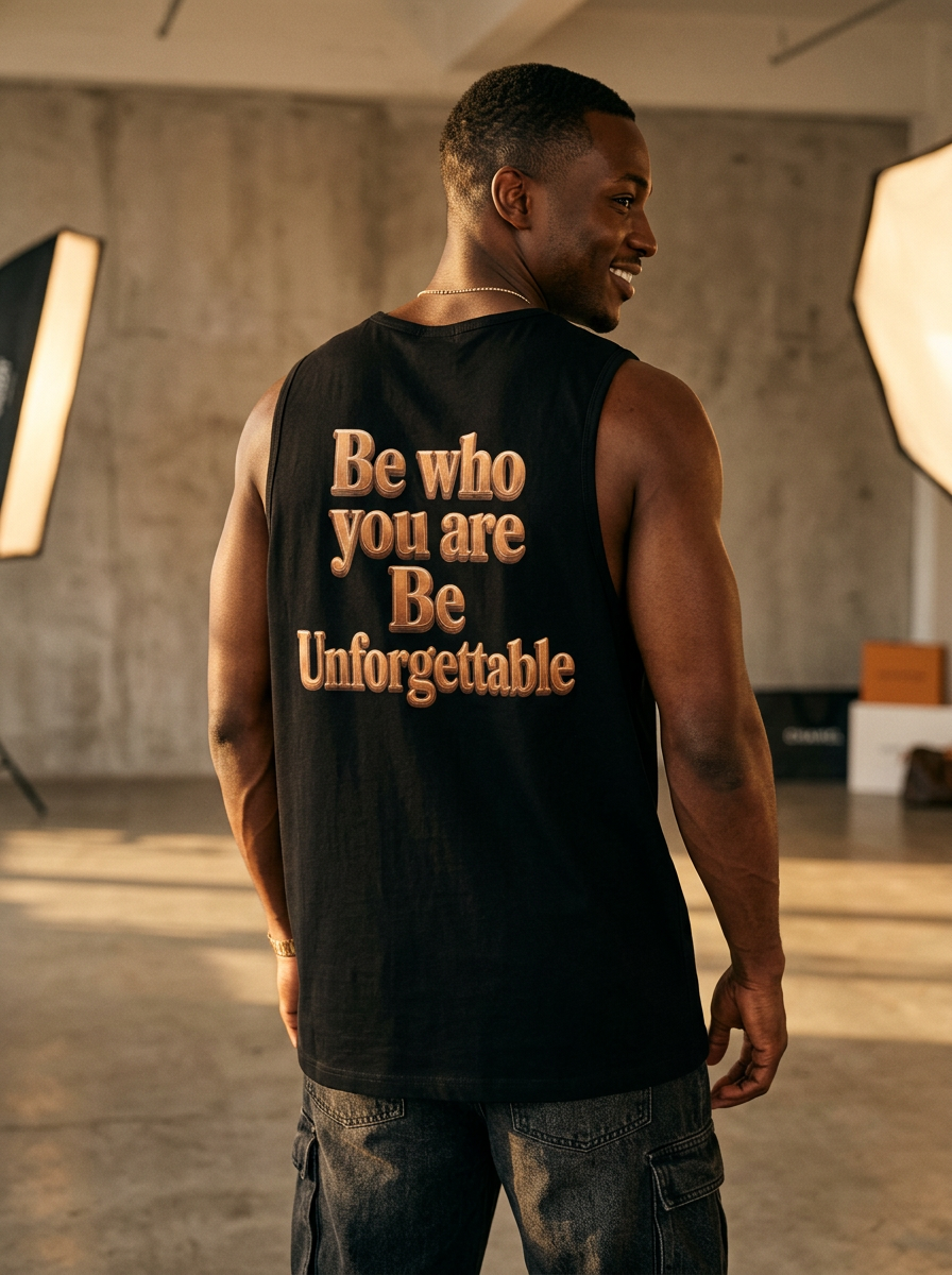 Model wearing the MR. HAPPINESS Oversized Summer Muscle Tank back view showing the bronze "Be who you are · Be Unforgettable" artwork