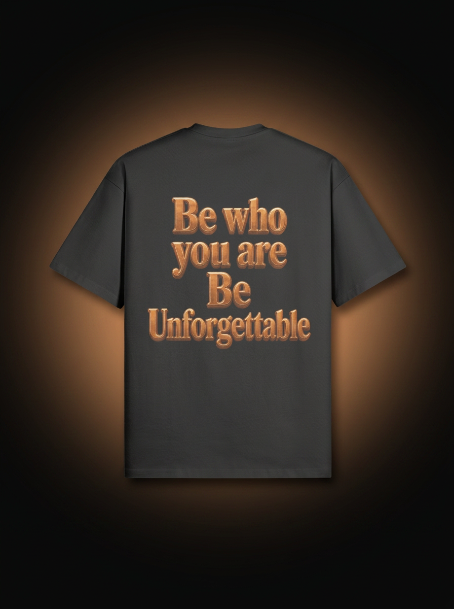 Back of the MR. HAPPINESS Statement Oversized T-Shirt — bronze "Be who you are · Be Unforgettable" artwork
